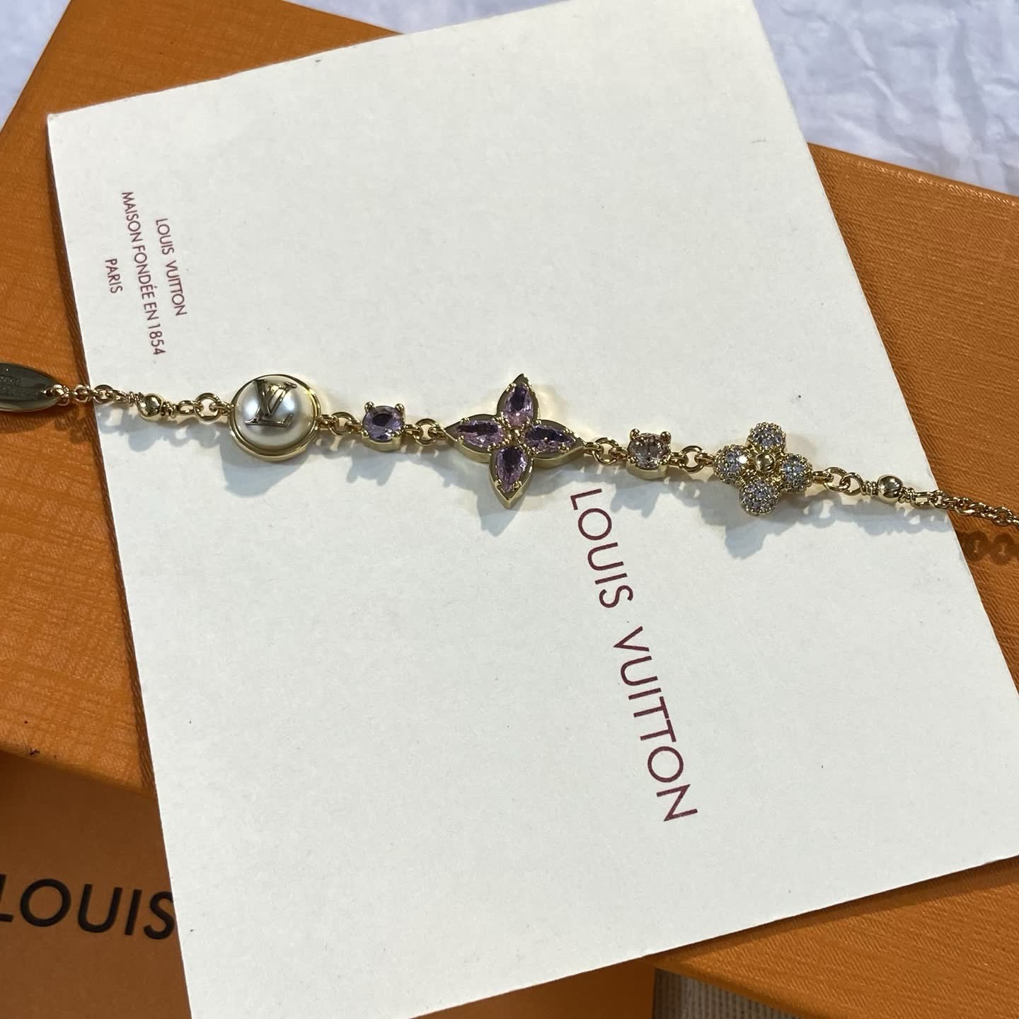 Louis Vuitton Gold Tone Bracelet with Purple Stones-LS0744